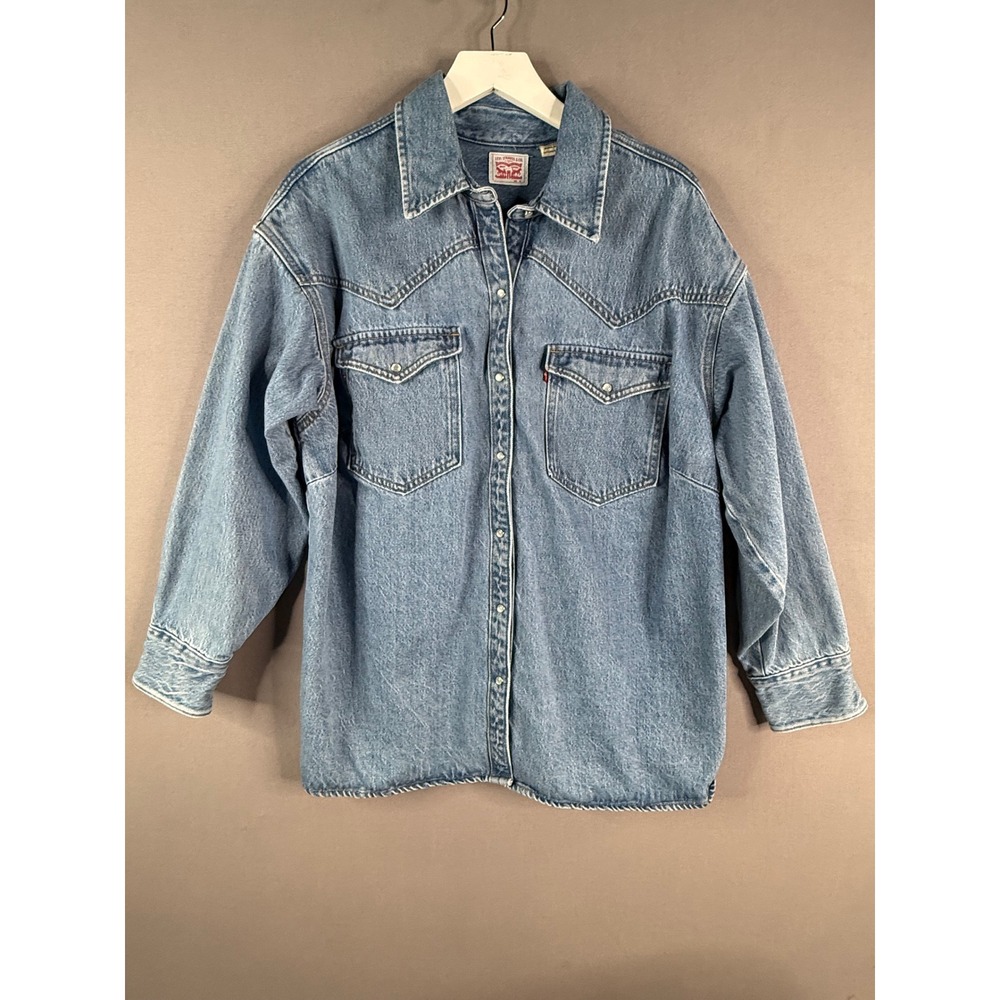 Levi's Denim Western Shirt Womens 1X Blue Pearl Snap Cotton Heavy Layering